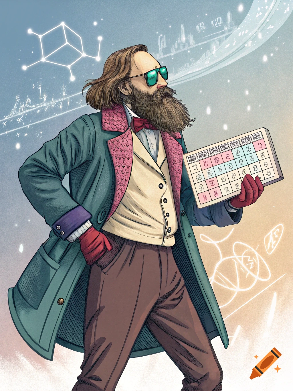 Illustration of a stylized bearded man resembling Mendeleev in a coat and sunglasses holding a tablet.