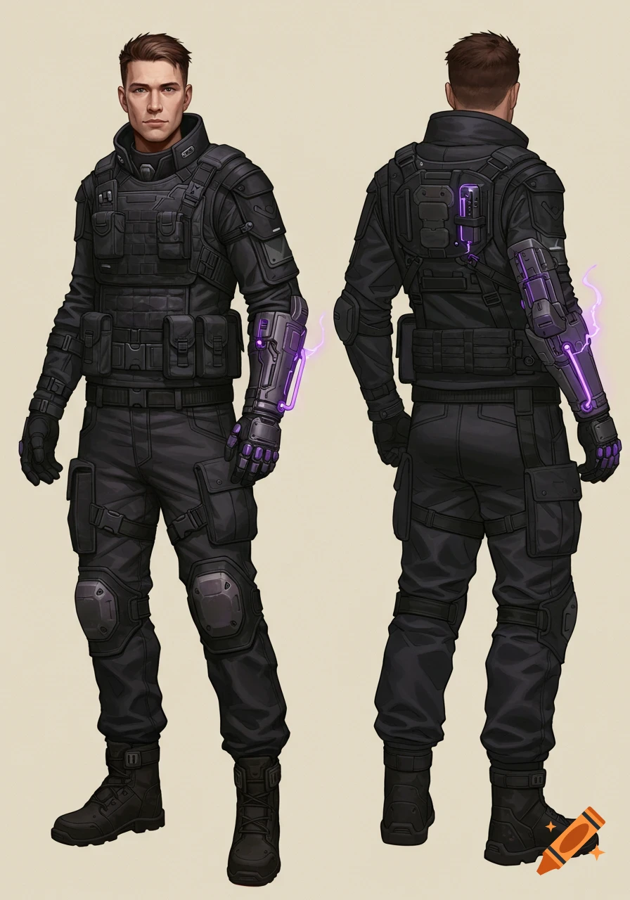 Front and back views of a male character in black tactical gear with glowing purple arm guards, in a concept art style.