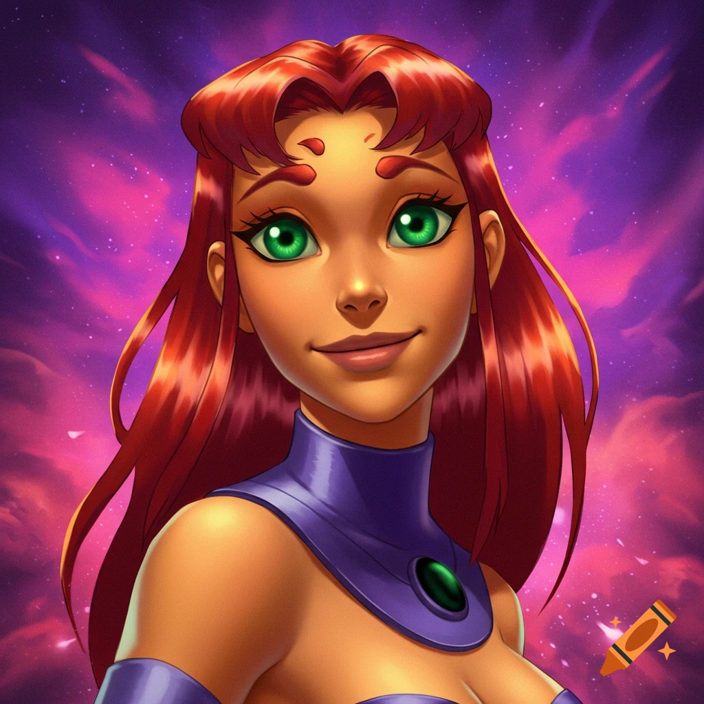 A vibrant portrait of the cartoon character Starfire with red hair, green eyes, and purple clothing against a cosmic background. on Craiyon A vibrant portrait of the cartoon character Starfire with red hair, green eyes, and purple clothing against a cosmic background. on Craiyon