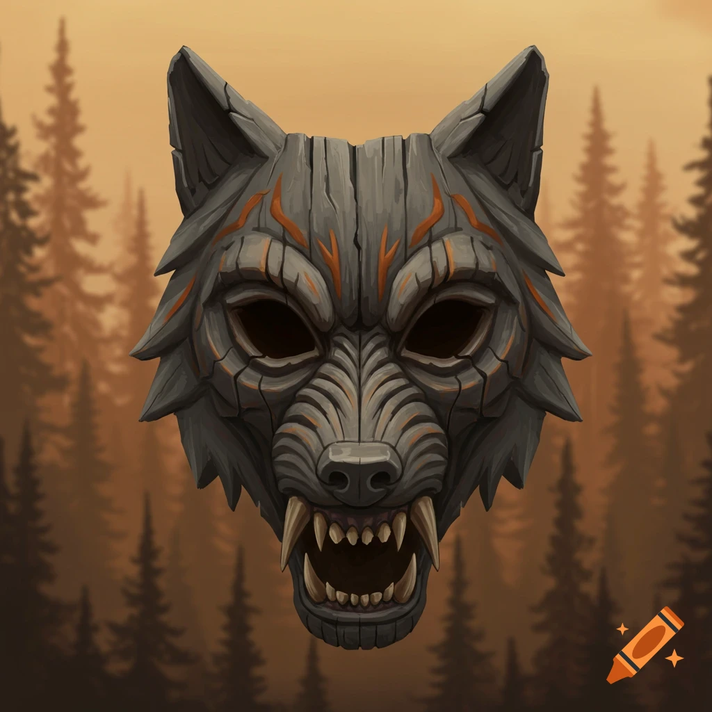 A gray tribal wolf mask made of wood is centered against a blurred forest background.