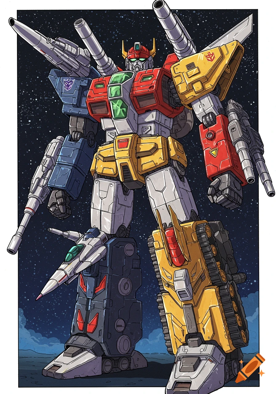 Giant red and yellow robot with multiple cannons and faction symbols stands under a starry sky, comic book illustration style.