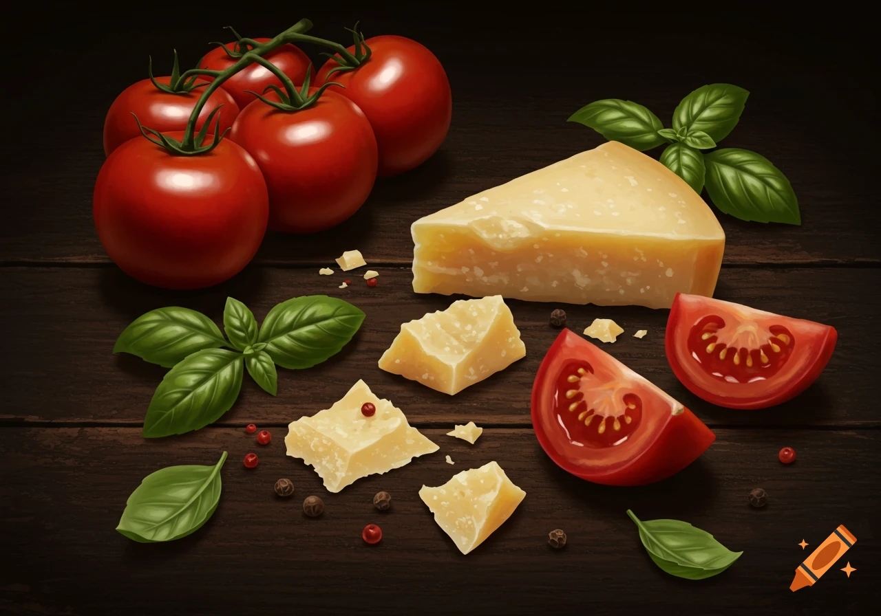 Still life of tomatoes, parmesan cheese chunks, and basil leaves on a dark wood table.