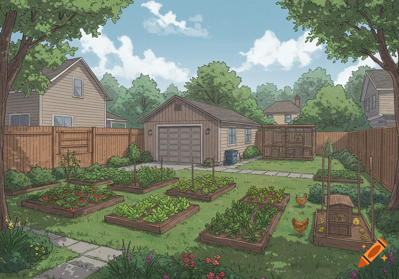 An illustrated view of a peaceful backyard with raised vegetable garden beds, a detached garage, chicken coop, and trees.
