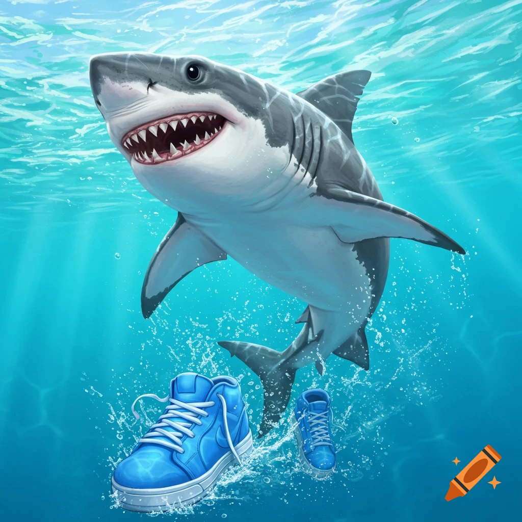 An illustration of a shark swimming underwater near two blue sneakers.