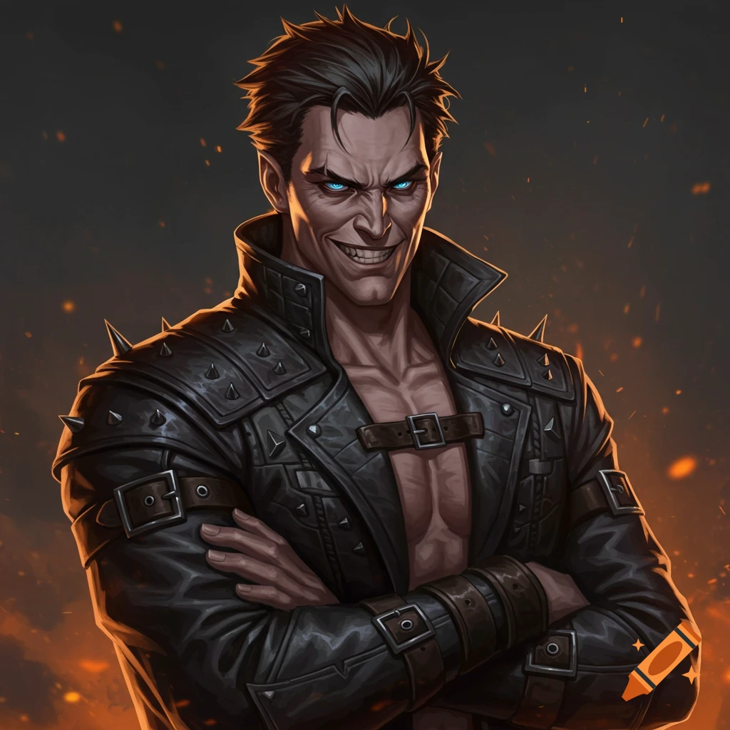 Fantasy art portrait of a sinister man with blue glowing eyes and a spiked leather jacket.