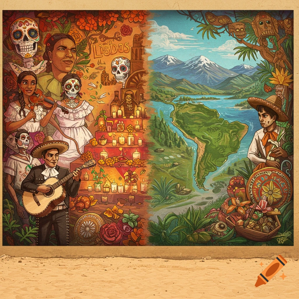 Split illustration showing Hispanic culture with Day of the Dead elements and figures on the left, and Latin America landscape and culture on the right.