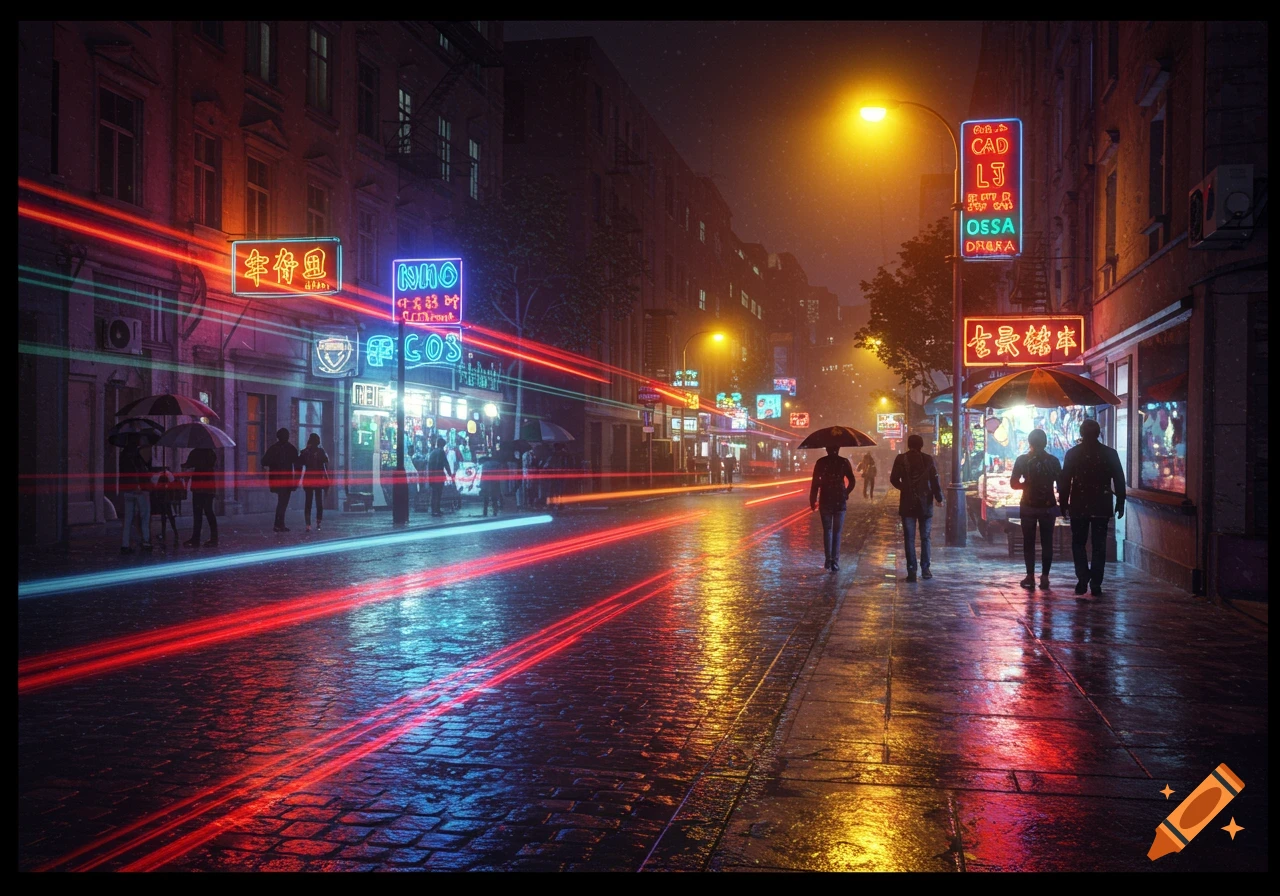 Rainy night street scene with bright neon signs and reflections on wet pavement, people walking with umbrellas.