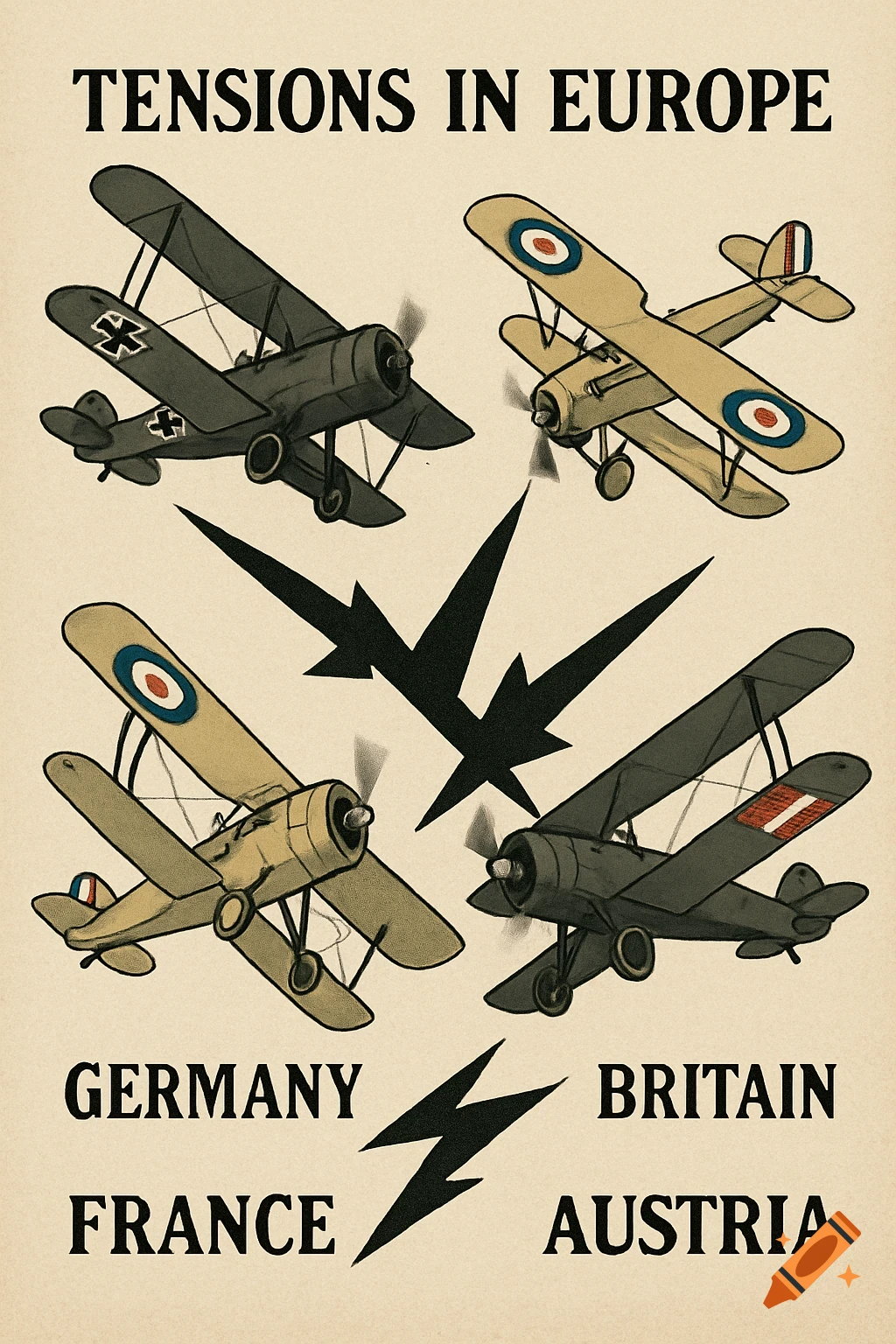 Vintage style poster with text TENSIONS IN EUROPE and biplanes representing Germany, France, Britain, and Austria.