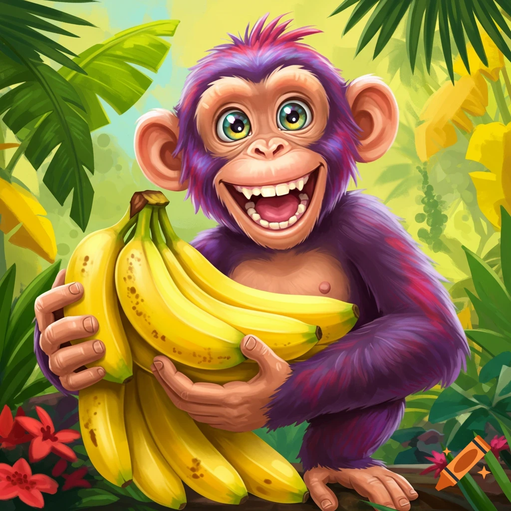 A smiling cartoon monkey with purple fur holds a large bunch of bananas in a jungle.