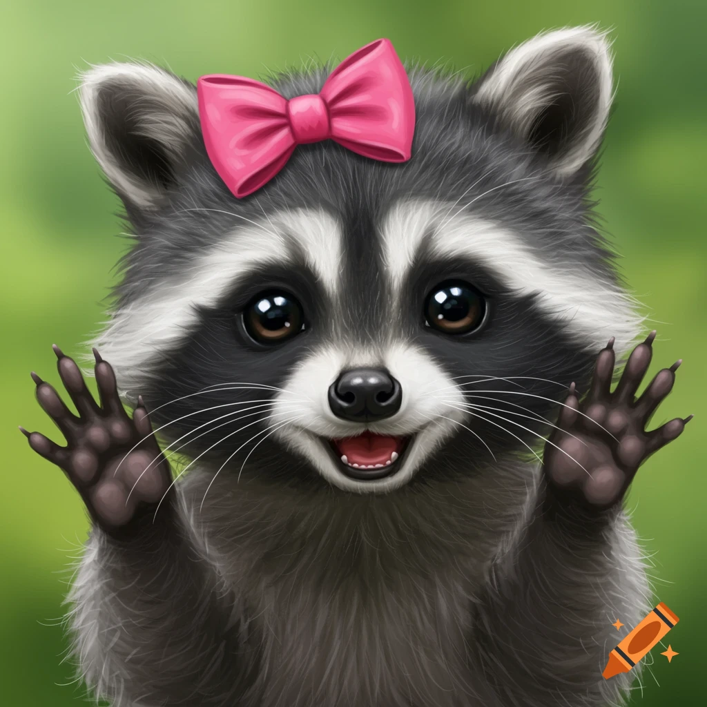 Cute smiling raccoon with a pink bow and paws raised