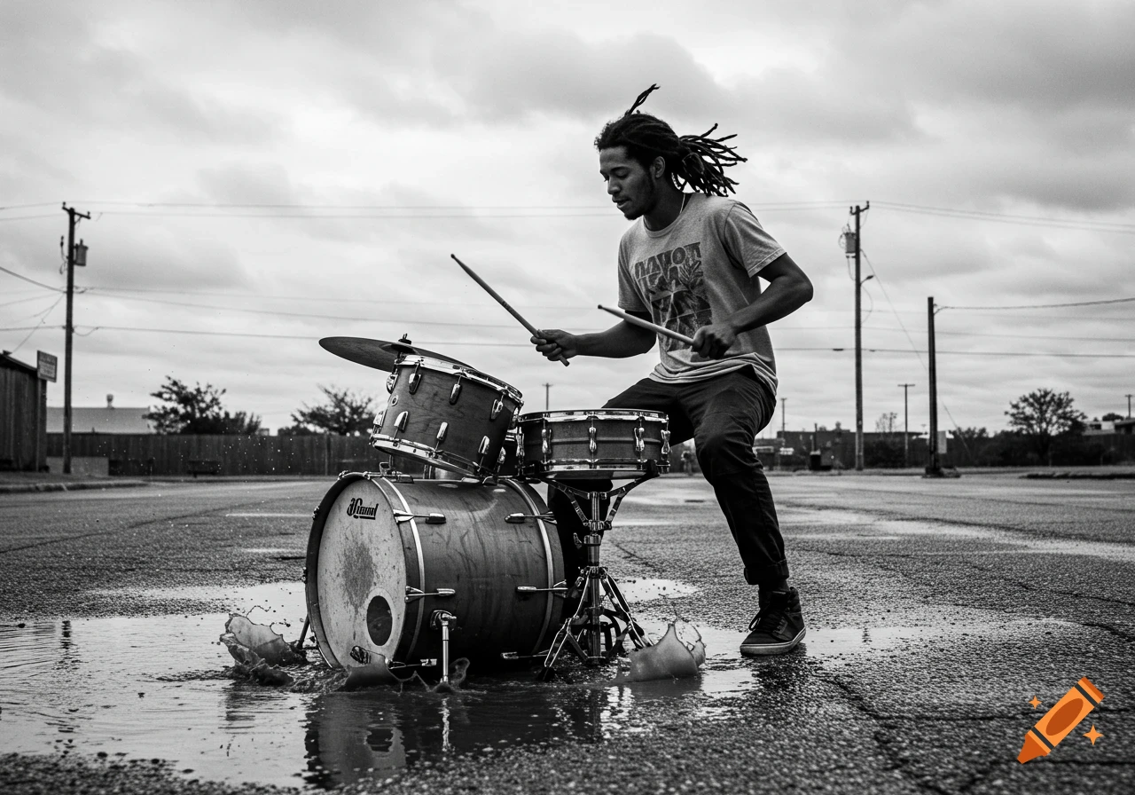 Black and white photo of a person playing drums in a puddle outdoors.