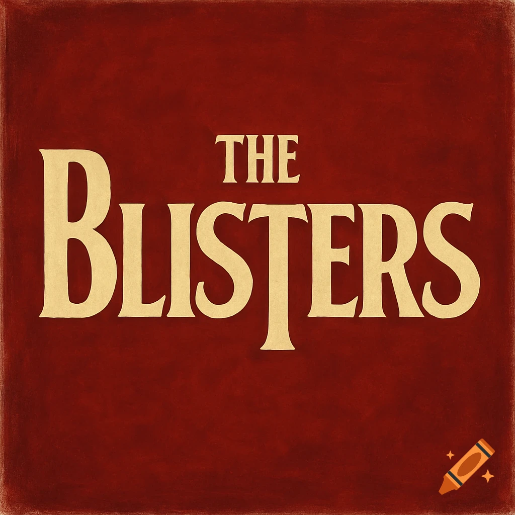 Text 'THE BLISTERS' on a red background, styled like the Beatles logo.