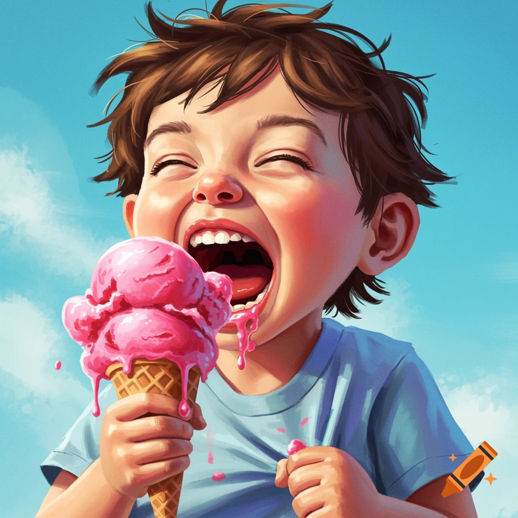 A child excitedly eating dripping pink ice cream.