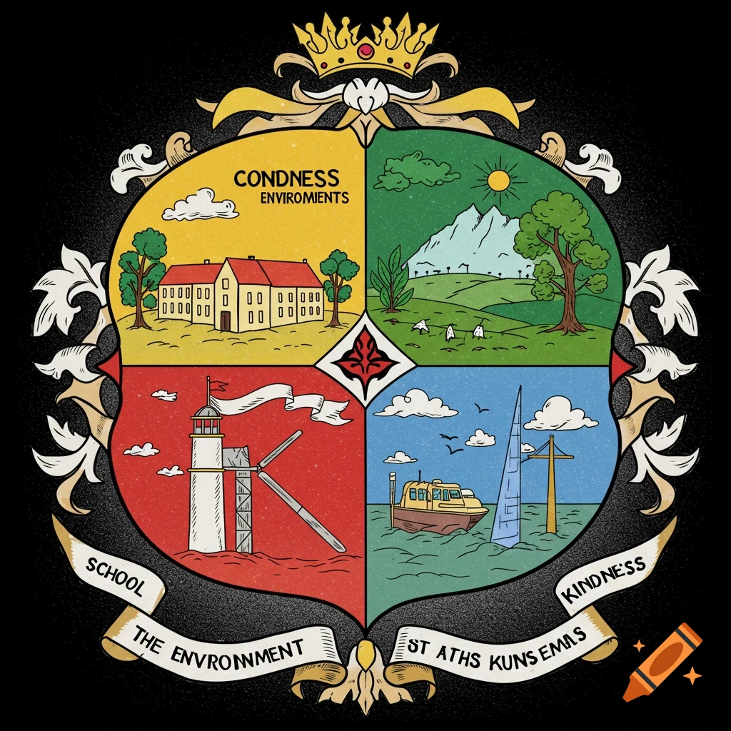 A coat of arms illustration divided into four sections depicting a school, a landscape, marine travel, and text.