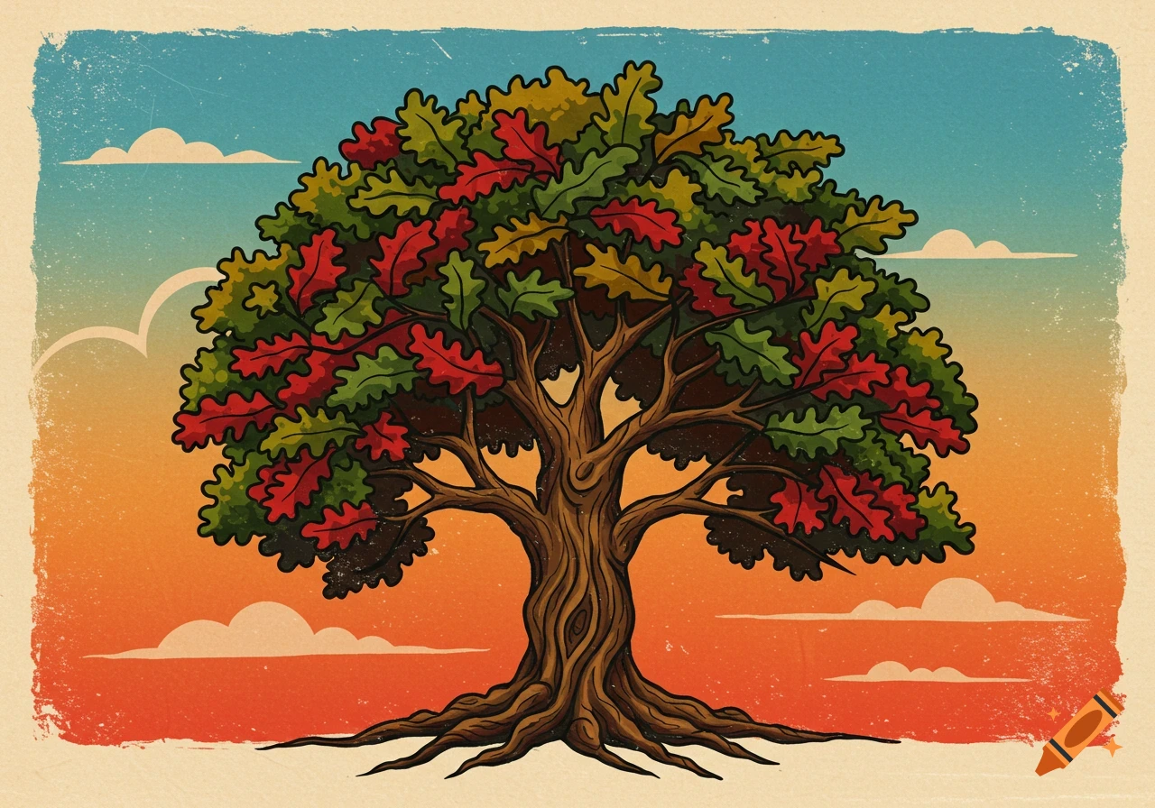 An American traditional style illustration of a large tree with colorful leaves against a sunset sky.