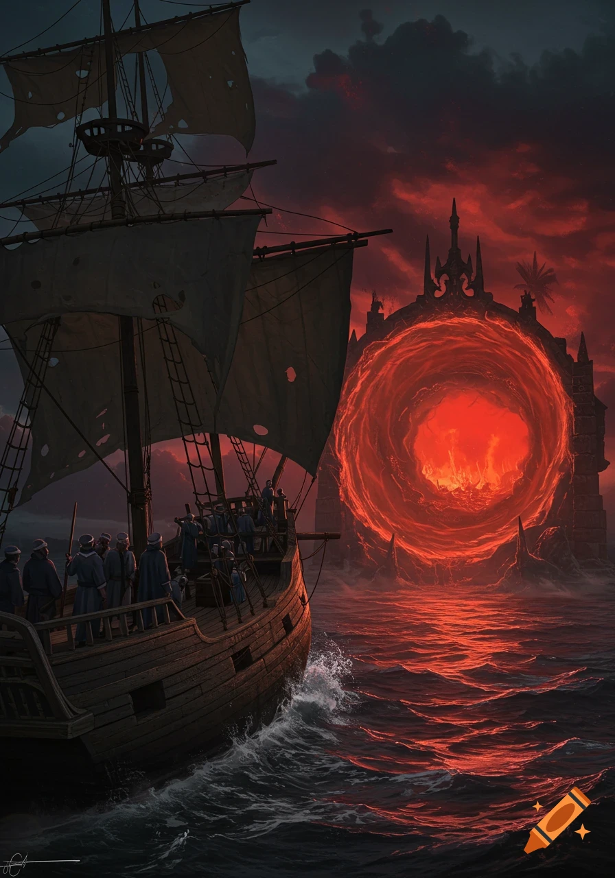 A large ship approaches a glowing red portal on the sea under a dark red sky.