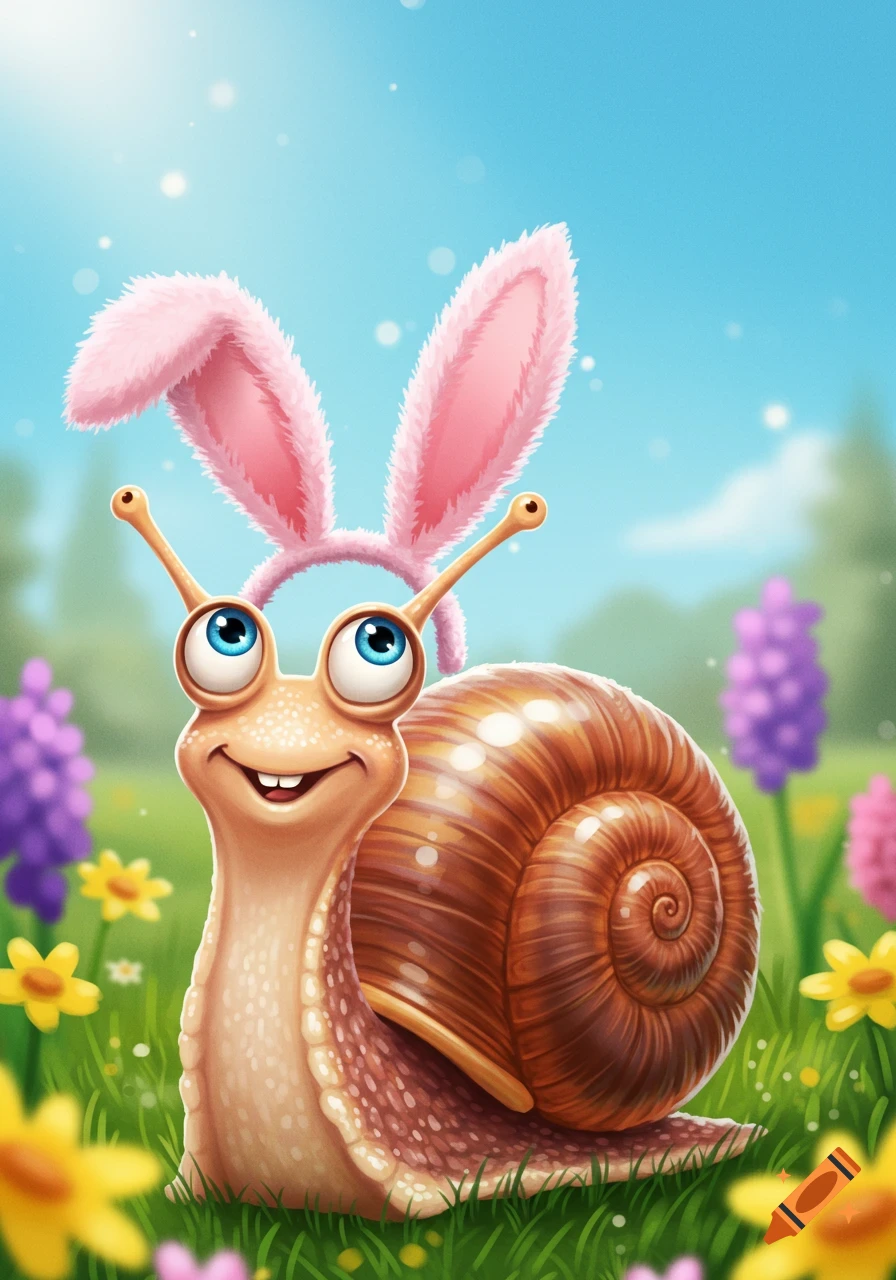 A cartoon snail wearing pink bunny ears sits in a field of flowers.
