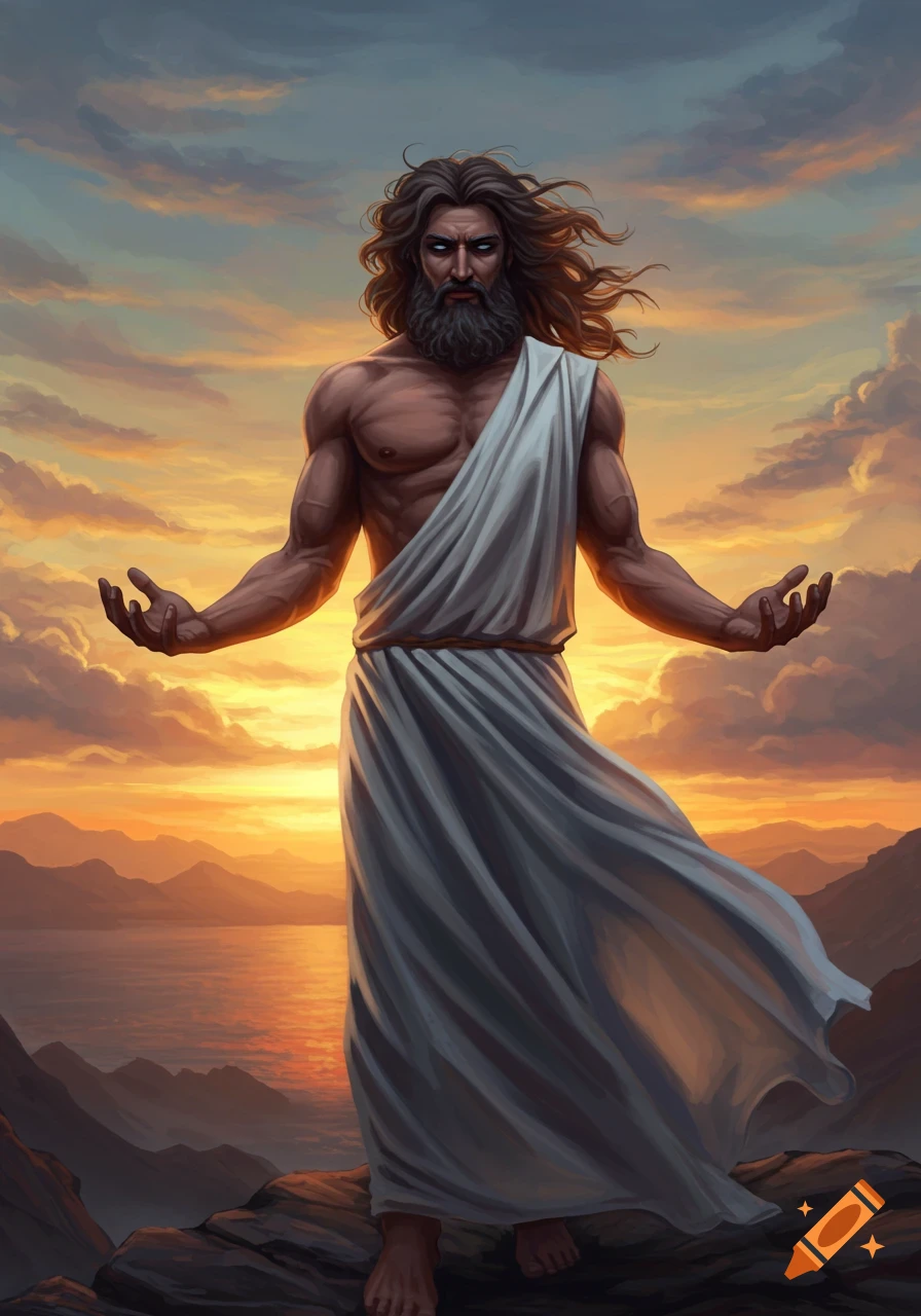 Digital painting of a muscular man in a white robe standing on rocks with arms outstretched, silhouetted against a dramatic orange and purple sunset over mountains and water.