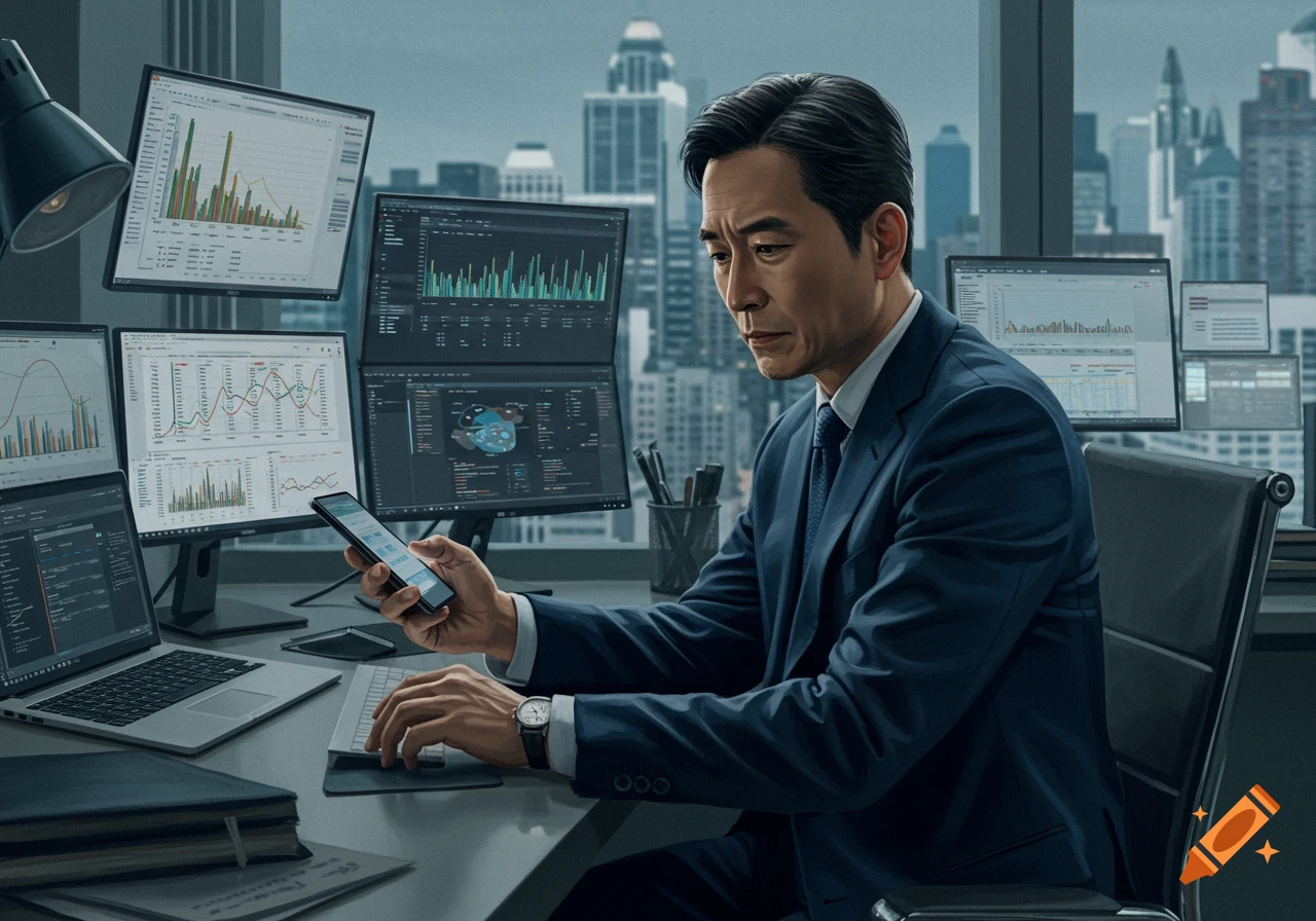A man in a suit sits at a desk with multiple computer screens ...