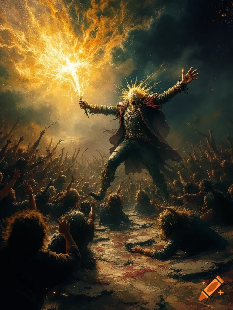 An epic fantasy painting of a king-like figure emitting fiery energy from his head, standing before a crowd with raised hands.