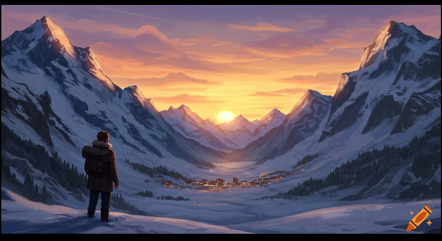 Digital painting of a person overlooking a snowy mountain valley with a village at sunset.