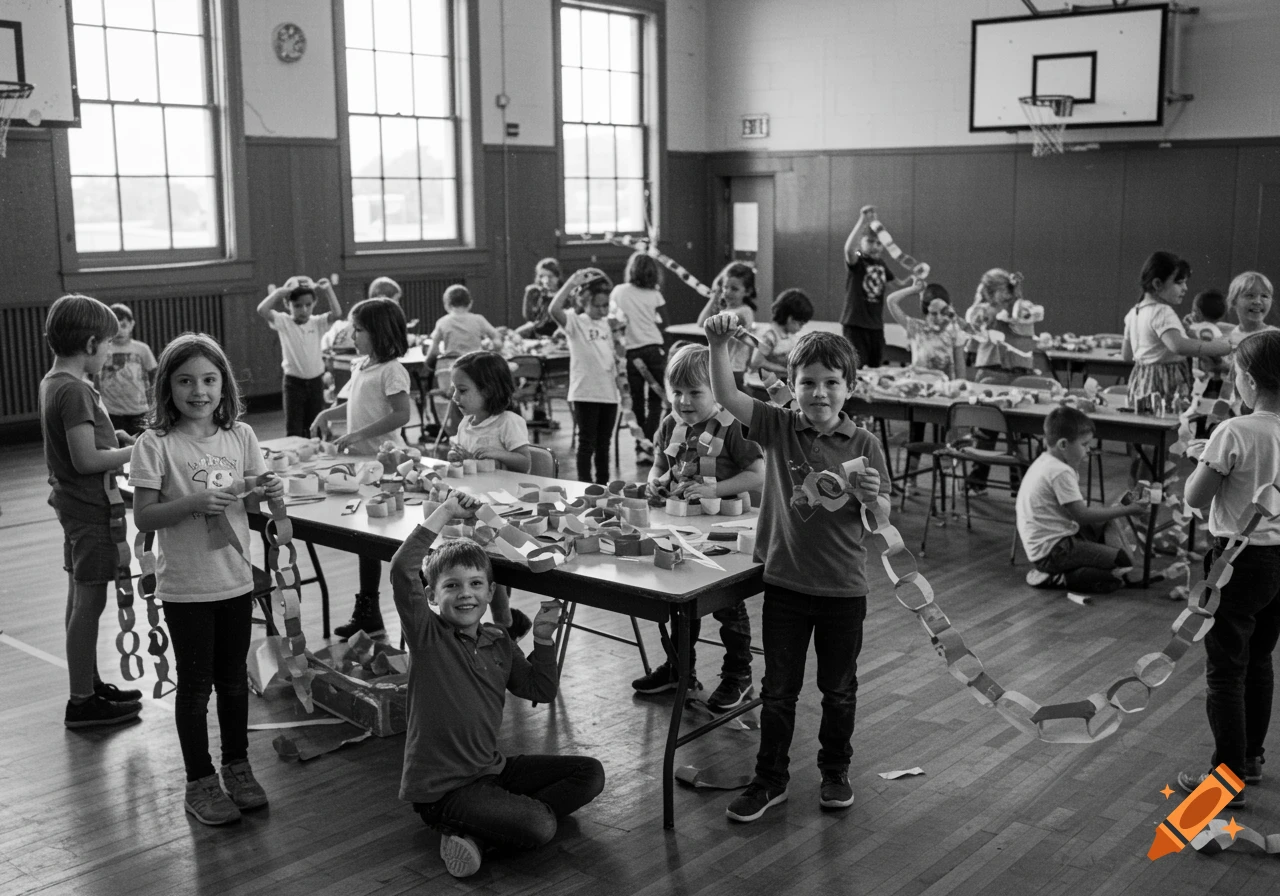 Black and white photo of children making paper chains in a school gymnasium.