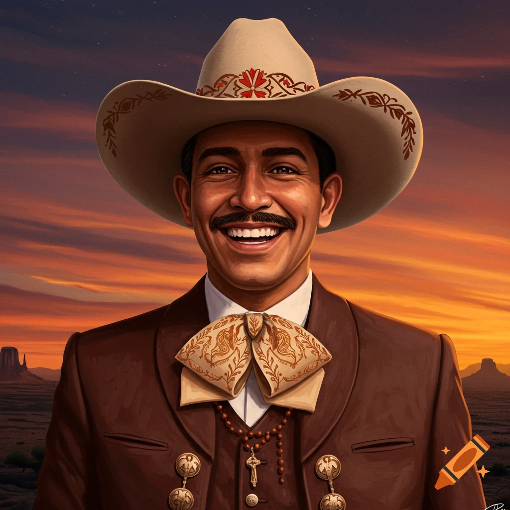 Smiling man in a cowboy hat and traditional Mexican suit at sunset in a desert landscape.