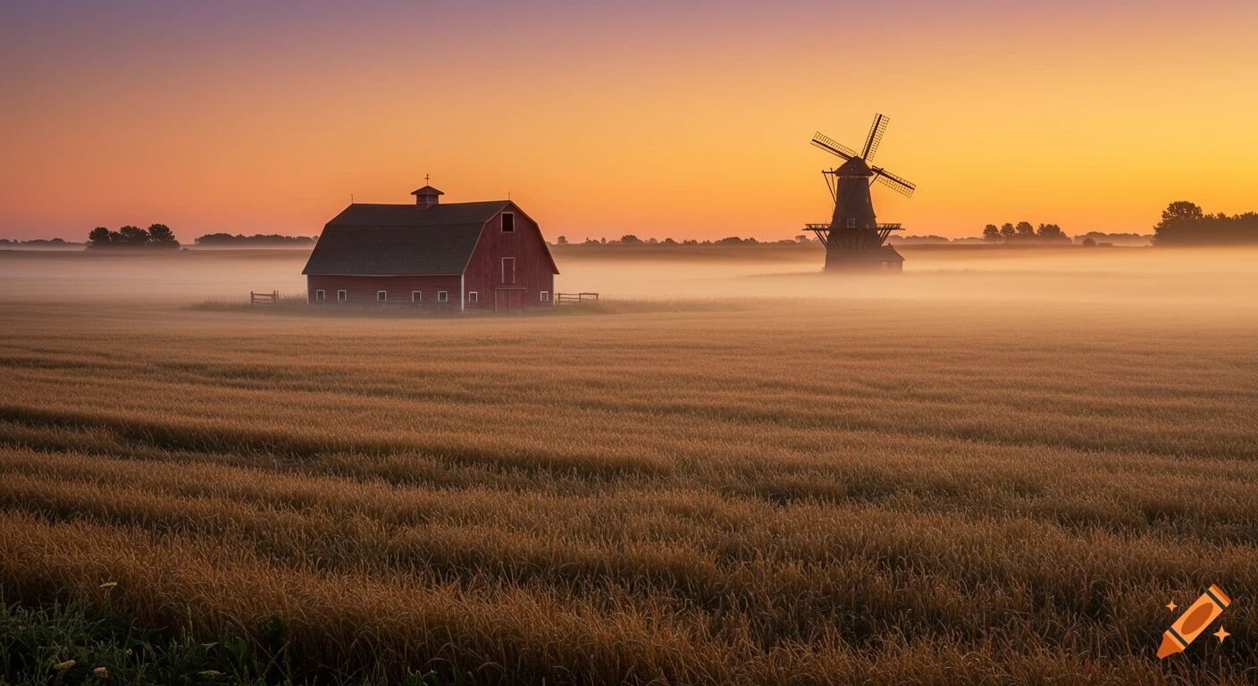 A red barn and a windmill stand in a foggy wheat field under a dramatic orange and purple sky at sunrise.