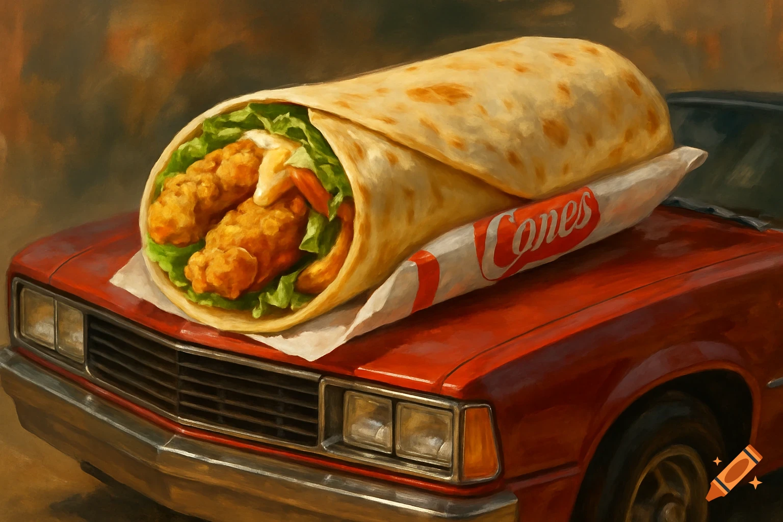 Painting of a large chicken wrap on the hood of a red car.