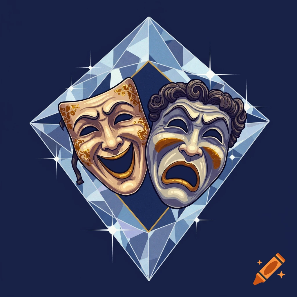 Comedy and tragedy masks on a diamond shape with sparkles against a dark blue background.