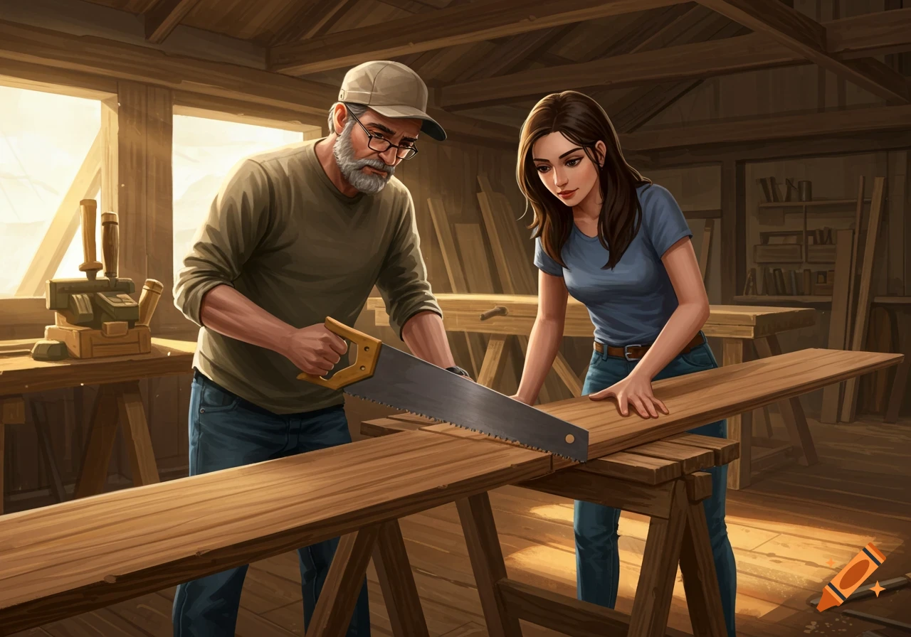 An older man and young woman saw a board in a sunlit workshop.