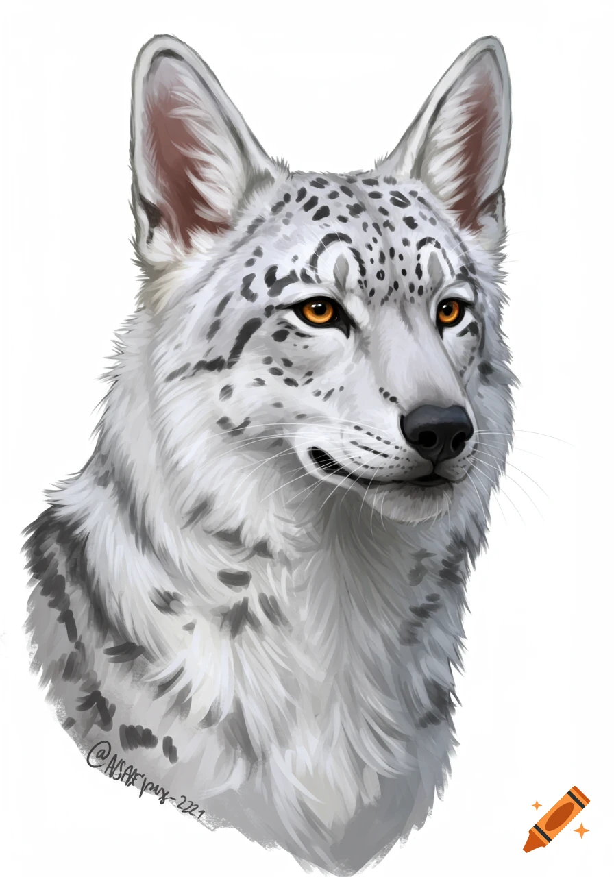 Digital illustration of a wolf with snow leopard spots and orange eyes.