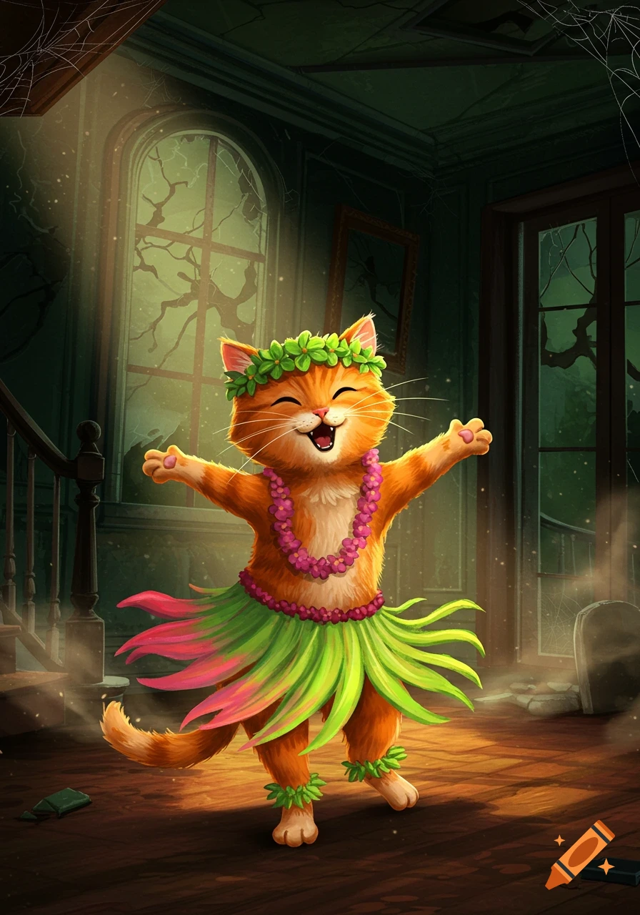 An orange cat in a hula skirt and flower headband dances in a haunted house.