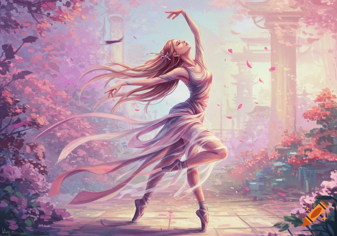 A female dancer in a flowing pink dress dances among cherry blossoms and Asian architecture in a painterly style.
