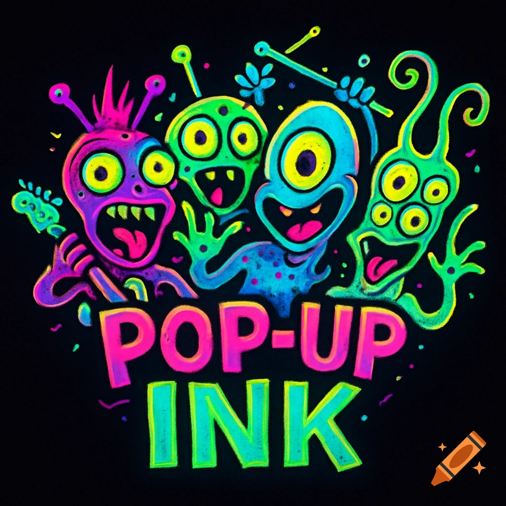 Cartoon logo with four neon, crazy-looking aliens playing instruments and the text "POP-UP INK".