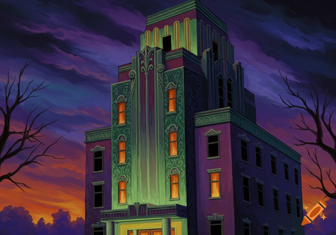 Painting of an Art Deco building at dusk with bare trees