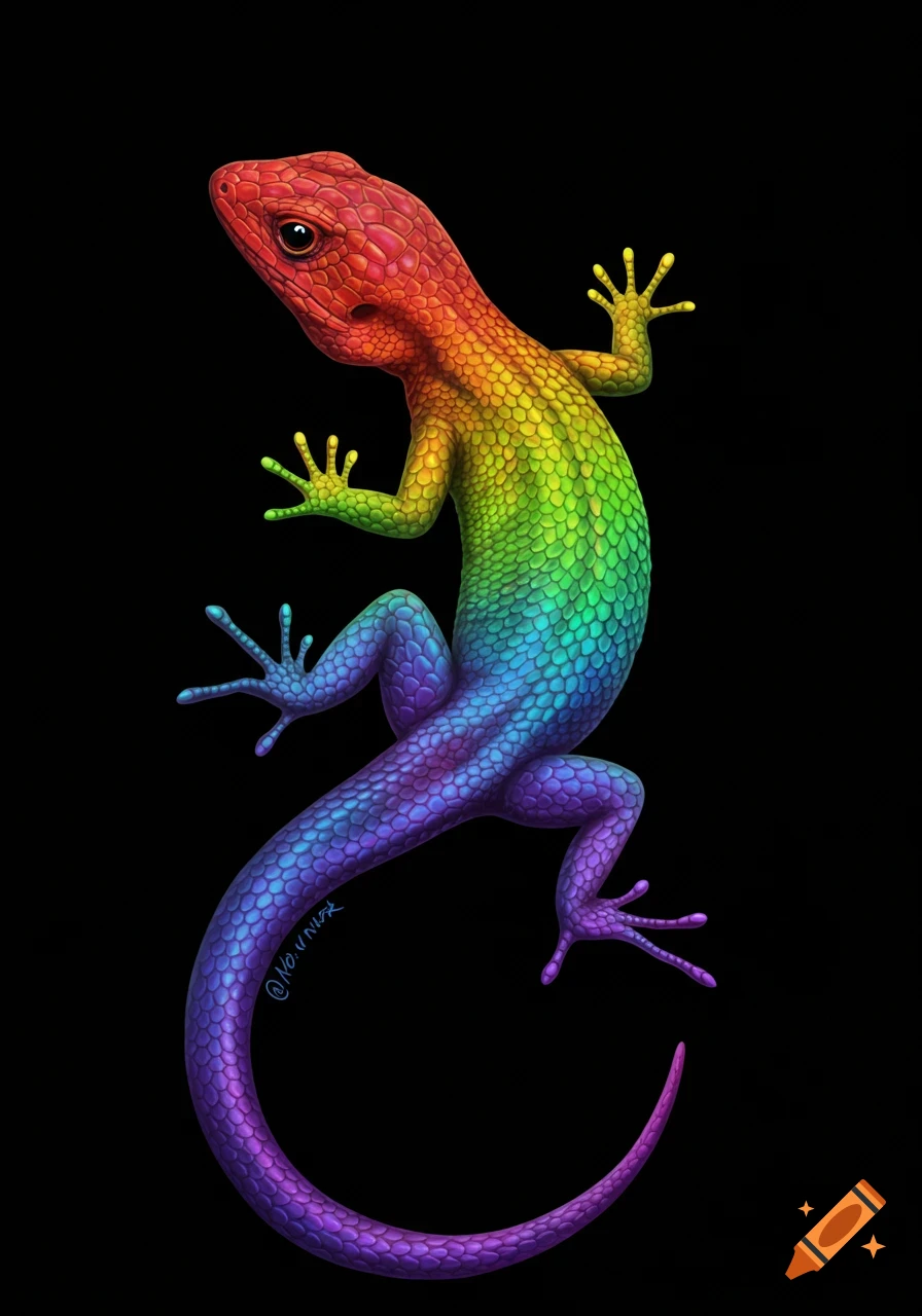 Illustration of a rainbow lizard on a black background.