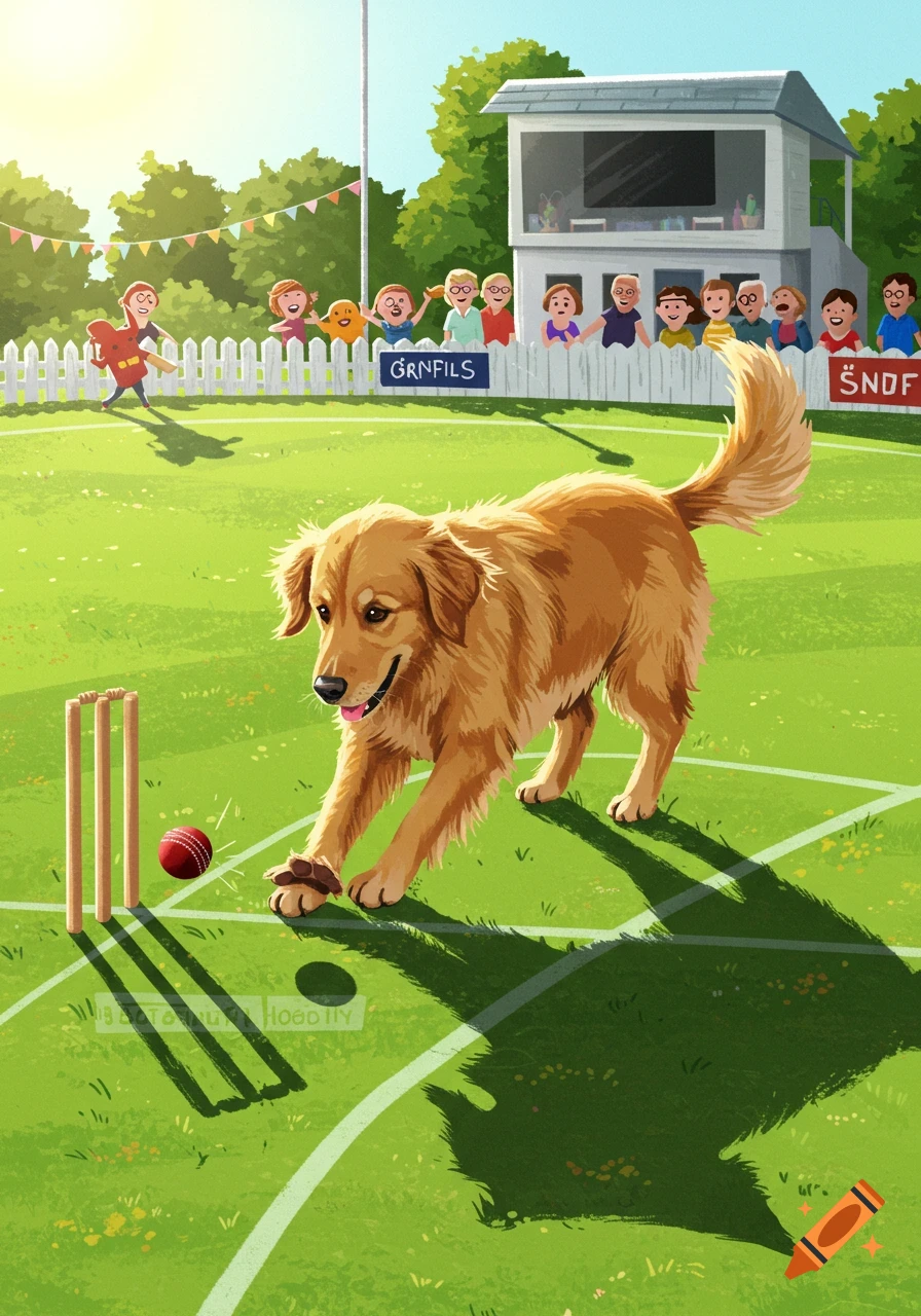 A golden retriever dog plays cricket on a grassy field with people watching in the background, illustrated style.
