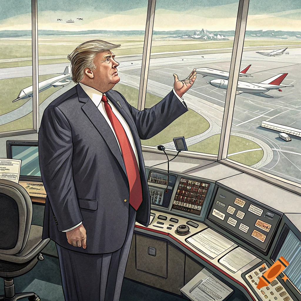 Illustration of Donald Trump in an airport control tower.