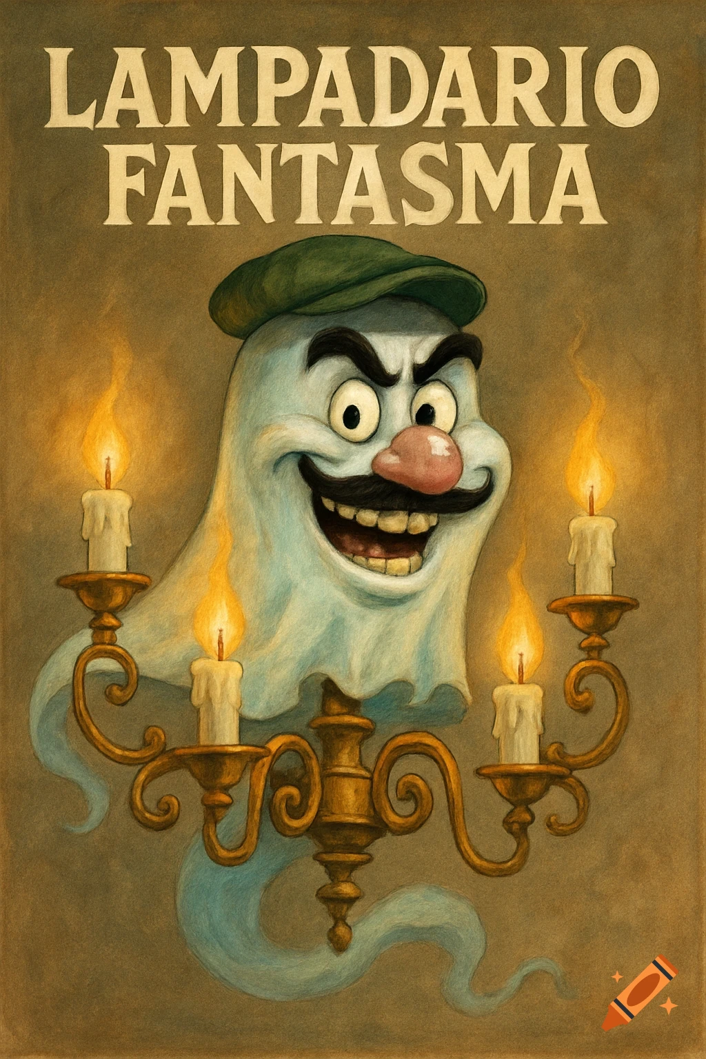 Cartoon ghost character wearing a hat and mustache, acting as a chandelier with lit candles.