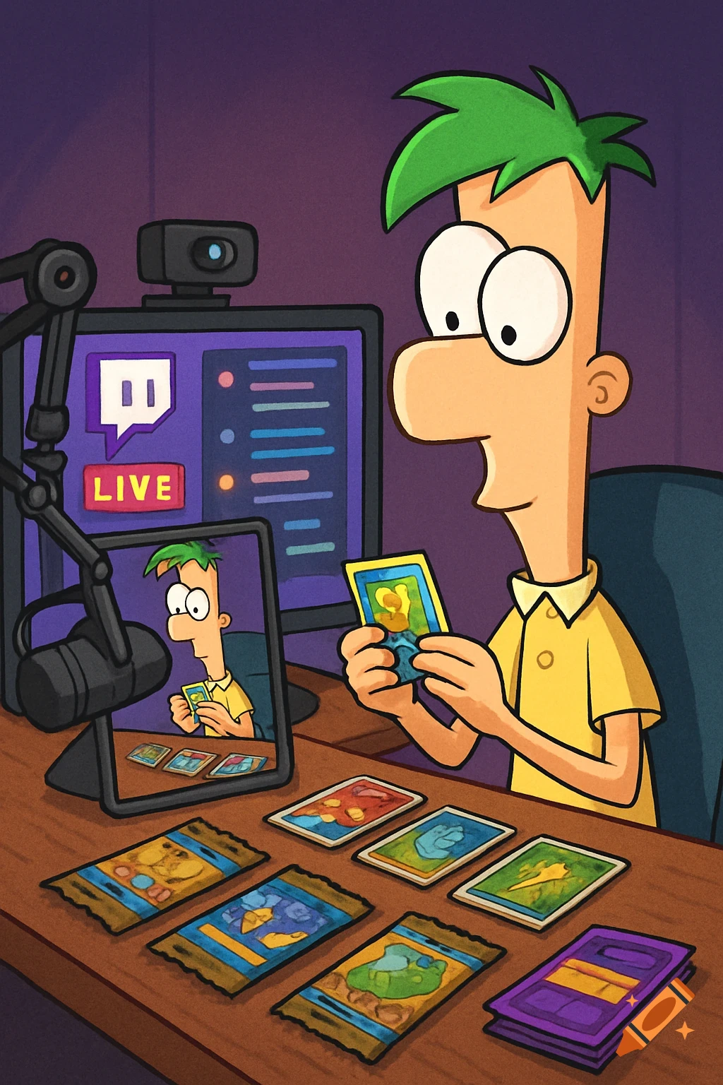 Ferb from Phineas and Ferb streaming and opening trading card packs at his desk.