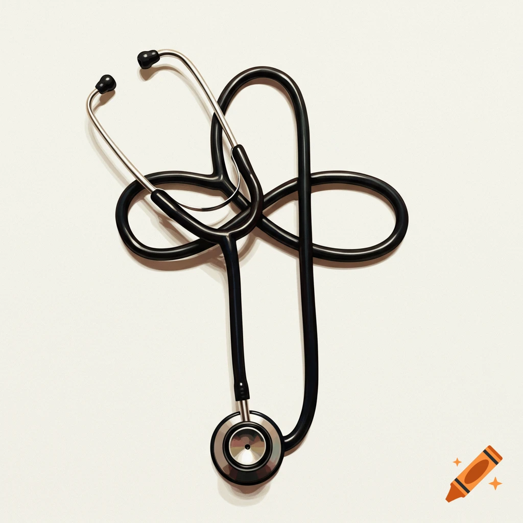 A stethoscope is arranged on a white background to form the shape of a cross.