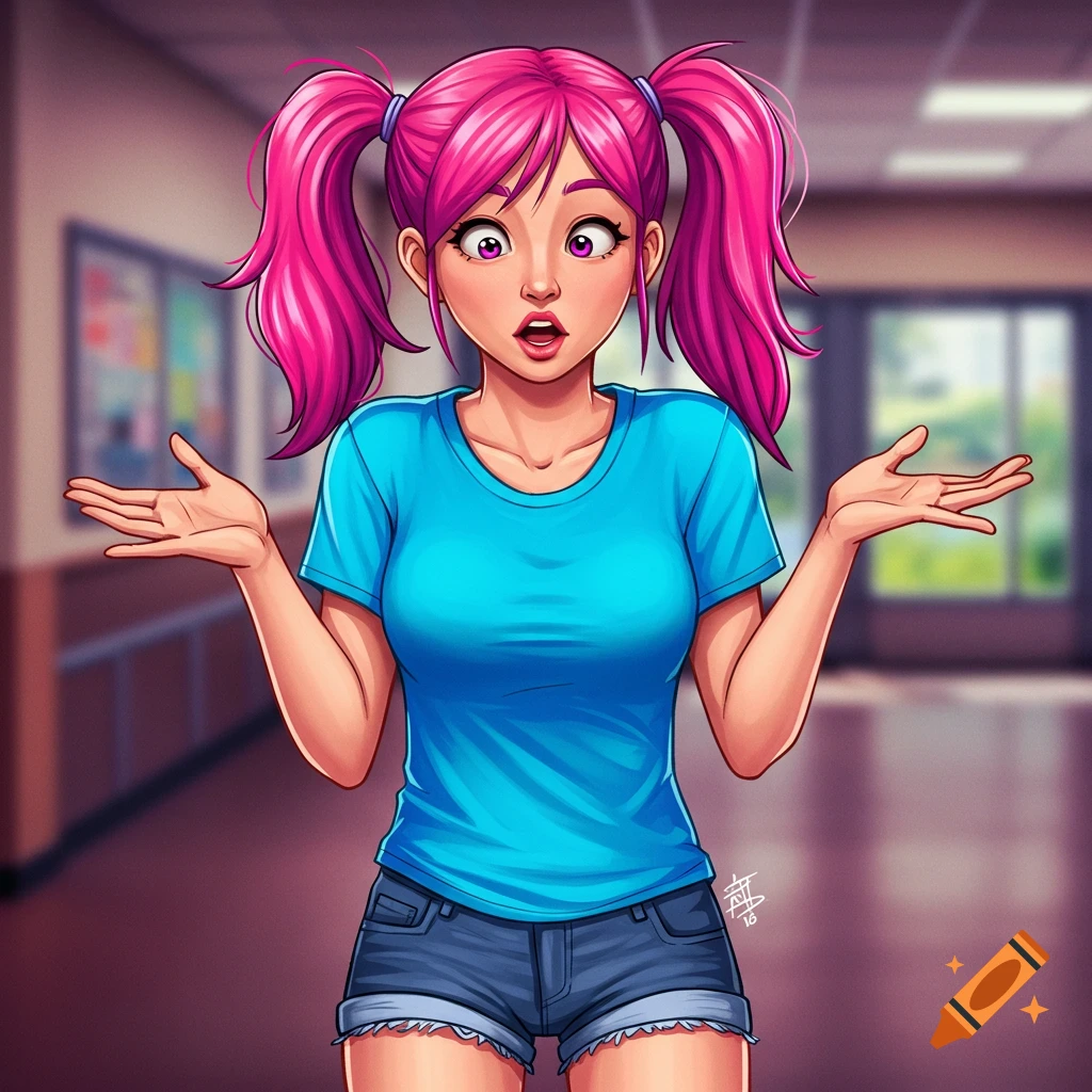 Cartoon girl with pink pigtails shrugging in a school hallway