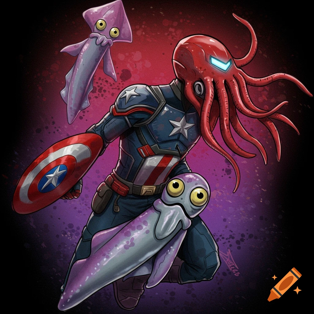 Cartoon illustration of a Captain America figure with a red octopus head and tentacles, holding a shield and accompanied by two squids.
