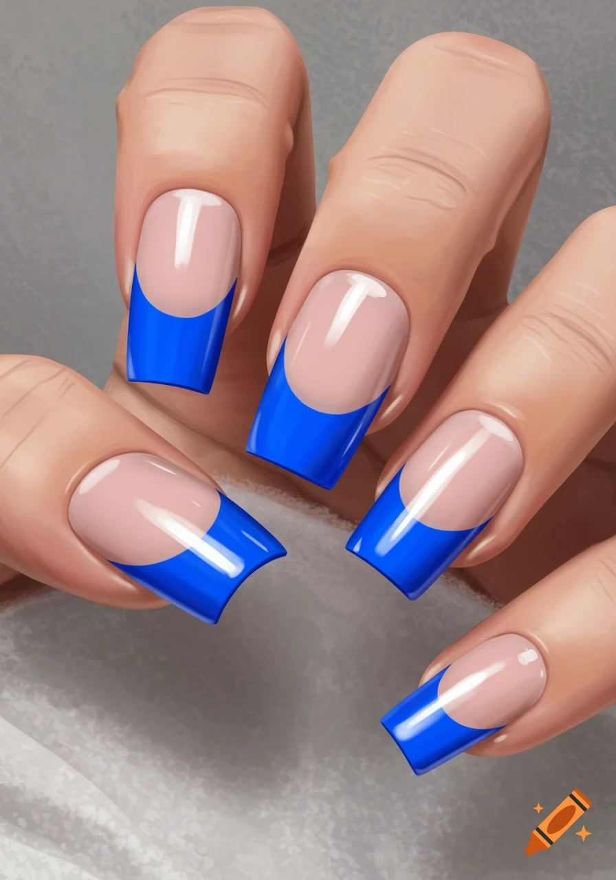 Hand with blue french tip nails, digital art style.