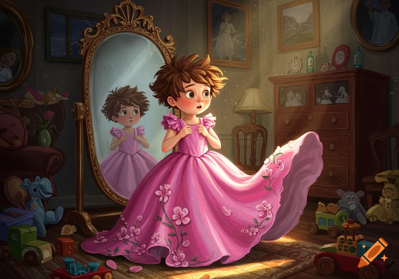 A young boy tries on a pink floral dress in a toy-filled bedroom, looking in a mirror. Illustration.