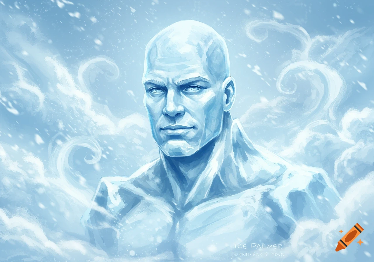 Muscular man made of ice surrounded by snow and frosty clouds, digital painting.