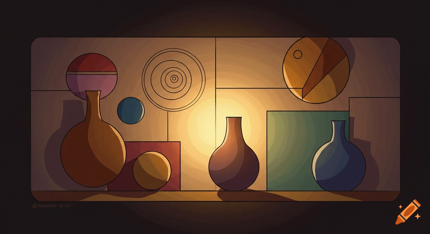Simple geometric still life with vases and abstract shapes in warm lighting.