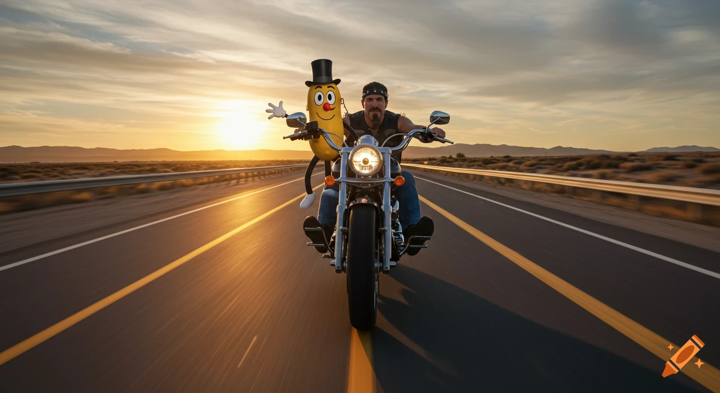 Biker and Mr. Peanut riding a motorcycle on a highway at sunset.