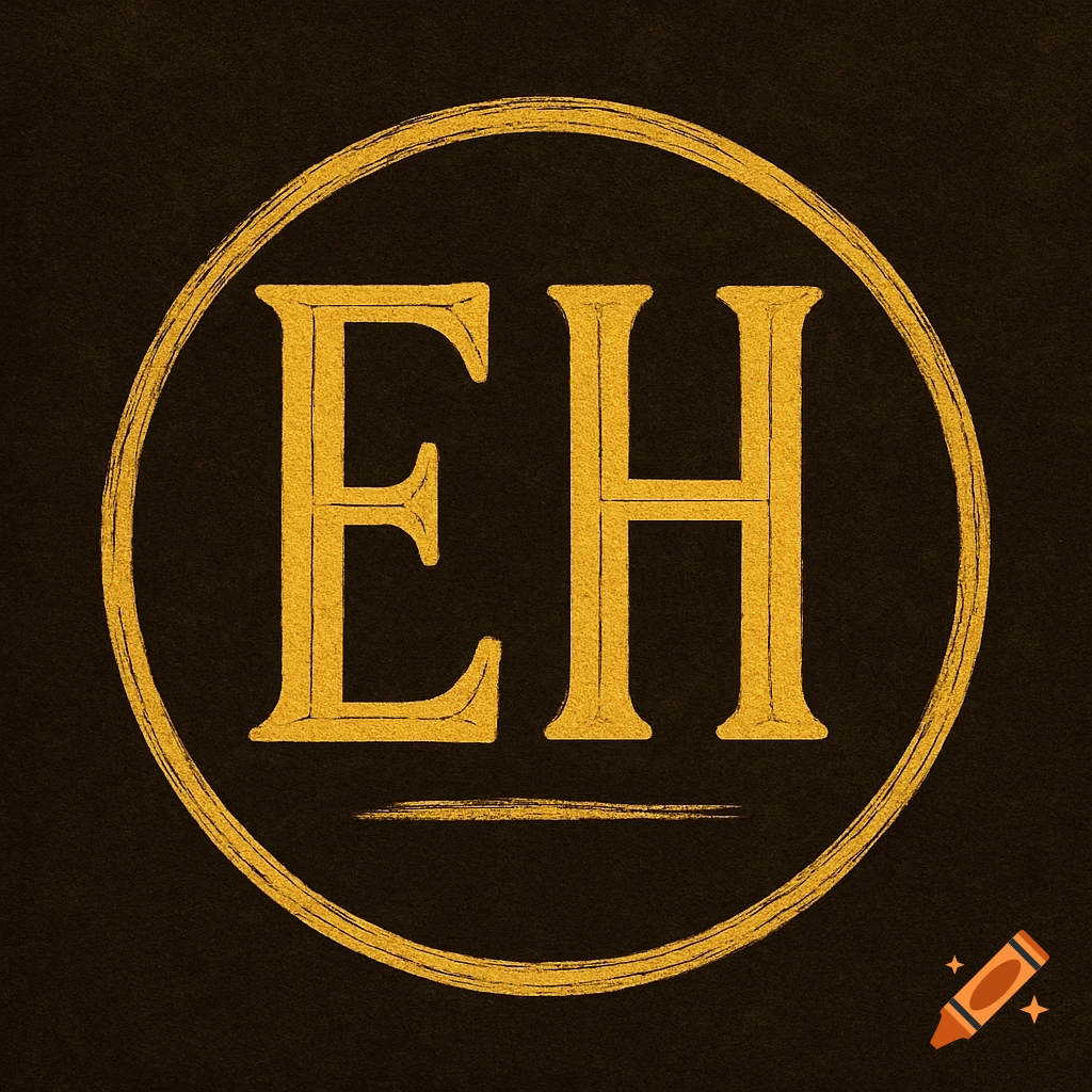 Golden initials EH in a circle logo on a dark background.